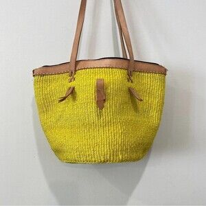 Genuine Leather and Bright Golden Yellow Woven Sisal Tote Bag Made in Britain